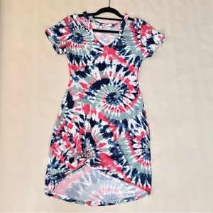 Tie-dye dress/cover-up with peekaboo shoulder and  knotted bottom hem